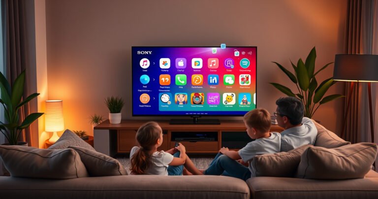 A cozy living room featuring a sleek Sony Smart TV displaying a vibrant app store interface, with colorful app icons floating around. A friendly family sits on a plush sofa, eagerly engaging with the TV remote, warm lighting illuminating the space, surrounded by plants and modern decor, creating an inviting atmosphere for tech-savvy viewers.