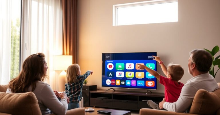 A modern living room with a sleek smart TV displaying vibrant app icons on the screen, surrounded by cozy furniture, a glowing lamp, and a coffee table with a remote control. Sunlight streams through a window, illuminating a family eagerly gathered, pointing at the TV, showcasing a warm and inviting atmosphere of technology and togetherness.