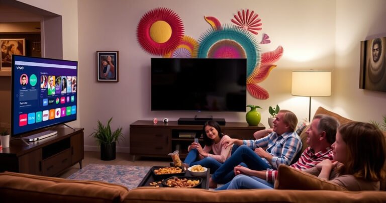 A cozy living room with a sleek Vizio Smart TV displaying colorful app icons, a family gathered on a plush sofa, remote control in hand, surrounded by snacks and cheerful ambiance, soft lighting enhancing the warm atmosphere, vibrant wall art in the background, showcasing a modern home entertainment experience.