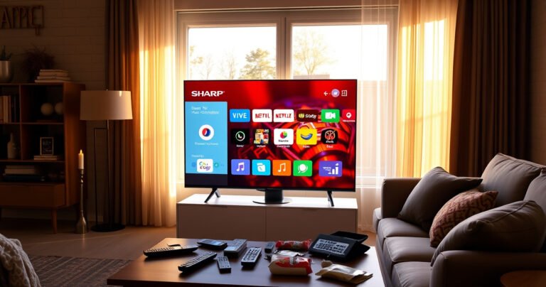A sleek Sharp Smart TV displayed prominently in a cozy living room, a user-friendly interface showcasing colorful app icons. Warm light filters through a window, illuminating a comfortable couch and a coffee table cluttered with remote controls and snacks. The scene evokes a sense of modern convenience, inviting viewers to explore the possibilities of their smart TV.