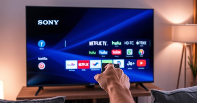 A sleek Sony Smart TV glowing with vibrant app icons on its screen, set in a modern living room with cozy furnishings. Soft ambient lighting highlights the TV, while a hand reaches toward the remote, poised to navigate the interface. A subtle digital overlay displays app logos like Netflix, Hulu, and YouTube, creating an inviting tech vibe.