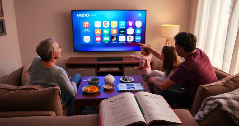 A vibrant living room scene featuring a sleek Vizio Smart TV glowing with colorful app icons, surrounded by cozy furniture, a coffee table with snacks, and a family excitedly pointing at the screen. Soft lighting creates an inviting ambiance, while a guidebook with step-by-step instructions rests nearby, hinting at a tech-savvy family moment.