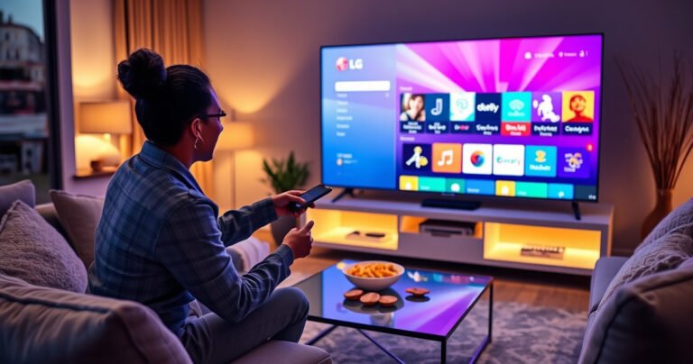 A sleek LG Smart TV glowing in a modern living room, displaying a vibrant app selection screen. A person joyfully taps the remote, surrounded by cozy decor—plush cushions, warm lighting, and a stylish coffee table with snacks. The atmosphere feels inviting and tech-savvy, perfect for a guide on enhancing home entertainment.