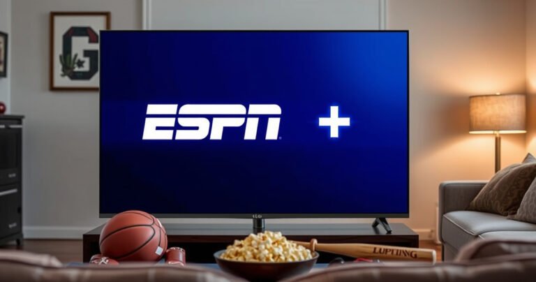 A sleek LG Smart TV displaying the vibrant ESPN Plus logo, surrounded by sports memorabilia like a football, basketball, and baseball bat. In the background, a cozy living room with soft lighting, a plush sofa, and a bowl of popcorn, capturing the excitement of streaming sports at home, inviting viewers to join the action.