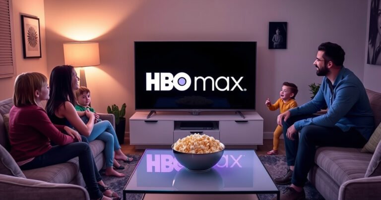 A cozy living room featuring a sleek Vizio Smart TV displaying the vibrant HBO Max logo, surrounded by plush seating and a warm ambiance. Soft lighting highlights a bowl of popcorn on a stylish coffee table, while a family gathers excitedly, ready to start their streaming adventure. Modern decor adds a touch of sophistication to the scene.
