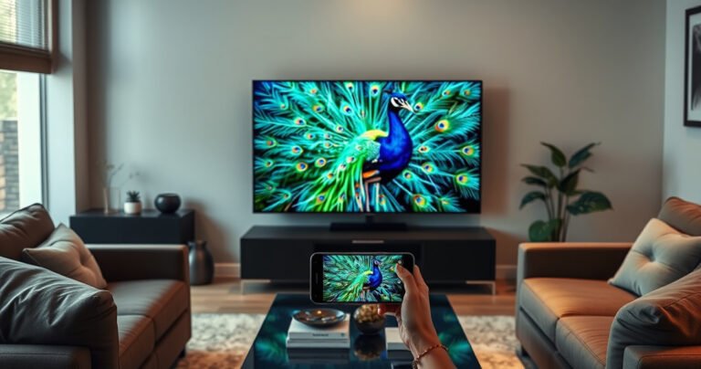 A sleek living room featuring a modern Samsung Smart TV displaying vibrant peacock feathers, rich blues and greens radiating from the screen. Plush furniture surrounds the TV, and a stylish coffee table holds a smartphone casting the Peacock app. Soft, ambient lighting creates a cozy atmosphere, with decorative plants adding a touch of nature.
