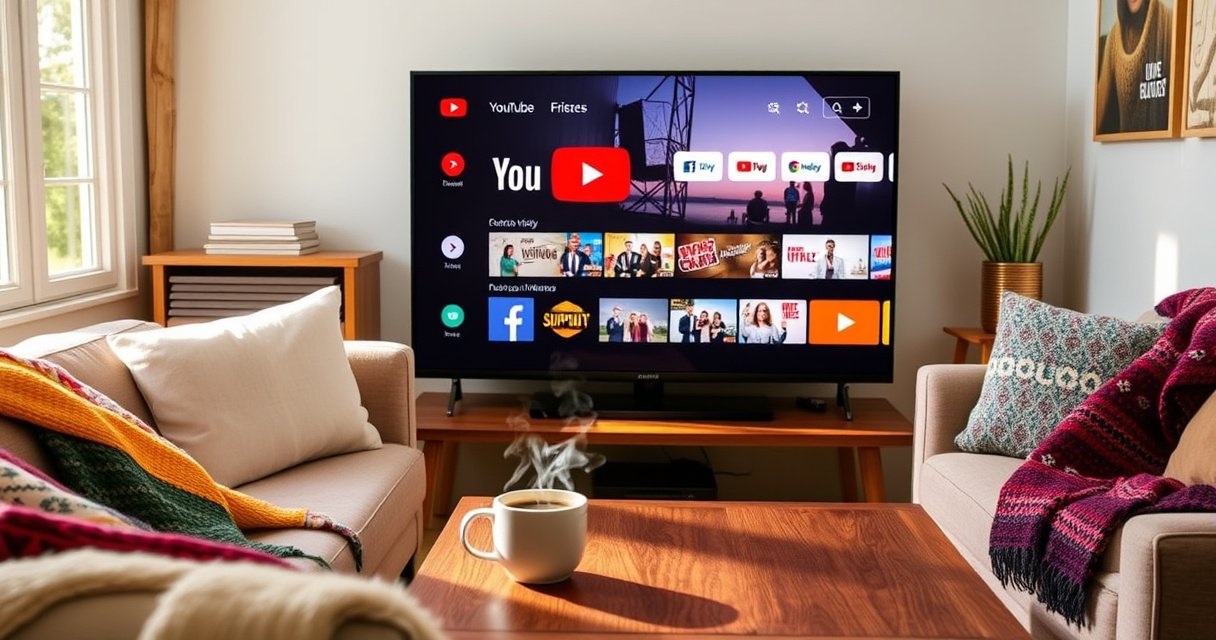 An older Vizio Smart TV displays the YouTube TV interface, surrounded by cozy living room elements like a plush sofa, colorful throw blankets, and a steaming cup of coffee on a wooden table, sunlight streaming through a window, creating a warm and inviting atmosphere, inviting viewers to relax and enjoy their favorite shows.