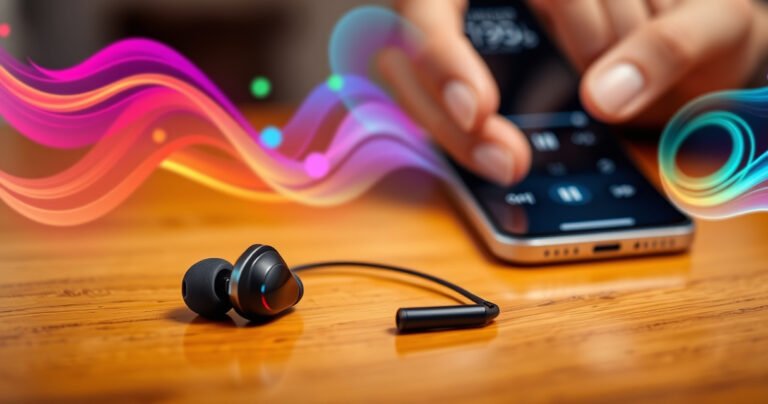 A close-up of a pair of sleek, modern earbuds resting on a wooden table, surrounded by vibrant sound waves visualized in colorful, swirling patterns. Soft ambient light highlights the earbuds’ design, while a hand gently adjusts the volume slider on a smartphone screen in the background, conveying a sense of ease and connectivity.