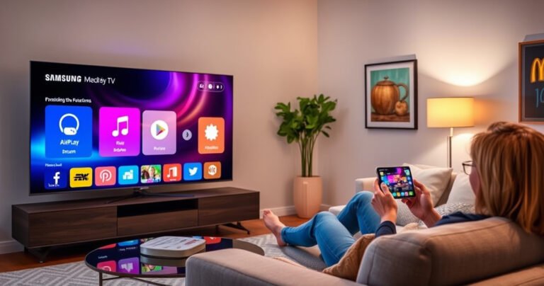 A sleek living room featuring a modern Samsung Smart TV displaying vibrant AirPlay icons, with a smartphone effortlessly casting content. Soft ambient lighting illuminates cozy furnishings, while a user, relaxed on the couch, interacts with the device. Cheerful art on the walls enhances the inviting atmosphere, showcasing technology seamlessly blending with home comfort.