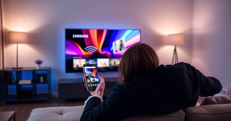 A modern living room featuring a sleek Samsung Smart TV displaying vibrant, colorful content. A stylish user interacts with a smartphone, demonstrating AirPlay, with visual cues like floating sound waves and connection icons. Soft ambient lighting enhances the cozy atmosphere, while a comfy sofa invites viewers to join in the tech experience.