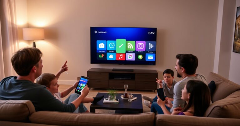 A modern living room featuring a sleek Vizio Smart TV displaying vibrant AirPlay icons, surrounded by cozy furniture. A family enthusiastically gathers, with a smartphone in hand, showcasing a seamless connection to the TV. Soft ambient lighting enhances the warmth of the scene, highlighting a blend of technology and comfort.