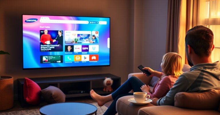 A cozy living room scene featuring a sleek Samsung Smart TV displaying a vibrant web browser interface. Soft, warm lighting illuminates a comfortable sofa scattered with colorful cushions. A steaming cup of coffee rests on a stylish side table, while a family member interacts with the TV using a remote, showcasing modern technology in everyday life.