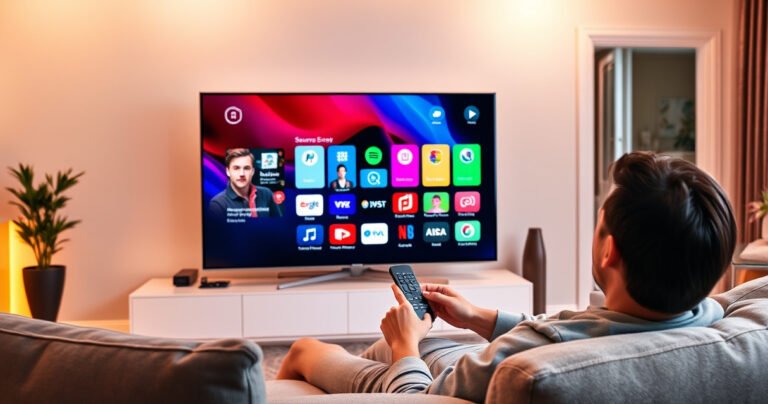 A sleek Samsung Smart TV showcasing a vibrant home screen filled with colorful app icons, a bright living room with modern furniture, a person comfortably lounging on a plush sofa, intently navigating the TV interface using a remote, warm ambient lighting illuminating the scene, and a subtle hint of technology integration in the decor.