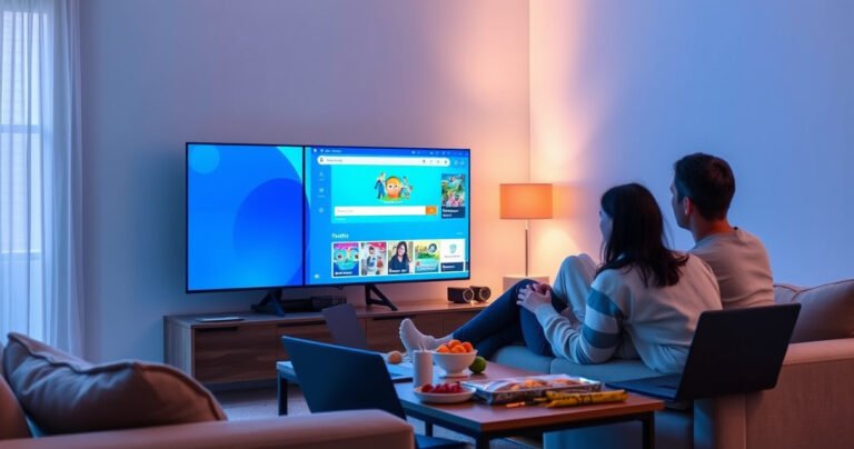 A cozy living room scene featuring a sleek Samsung Smart TV displaying a vibrant web browser interface. A family sits comfortably on a plush sofa, engaging with the screen. Soft ambient lighting illuminates the room, with a coffee table adorned with snacks and a laptop nearby, creating a welcoming atmosphere for digital exploration.