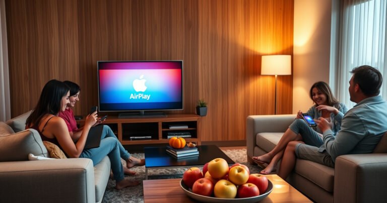 A modern living room with a sleek smart TV displaying the Apple logo, surrounded by comfortable furniture. A family is gathered, joyfully using their devices while vibrant screens show the Apple AirPlay interface. Soft, warm lighting creates an inviting atmosphere, with a bowl of fresh apples on a coffee table, symbolizing connectivity and technology.