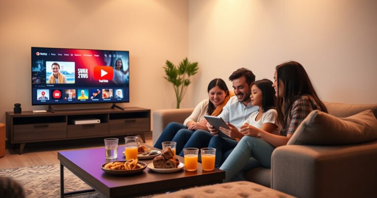 A cozy living room with a sleek smart TV displaying a vibrant YouTube interface. A family gathered on a plush couch, smiling and interacting with a tablet. Warm lighting casts a welcoming glow, while snacks and drinks are artfully arranged on a coffee table, emphasizing a relaxed, engaging atmosphere of shared entertainment.