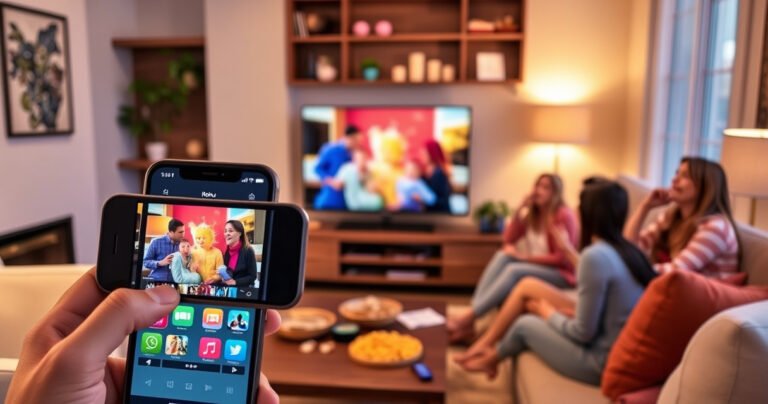 A vibrant living room scene featuring an iPhone casting a colorful movie onto a sleek Roku Smart TV, with a family gathered around, excited expressions on their faces. The room is cozy, adorned with modern furniture, warm lighting, and scattered snacks, creating an inviting atmosphere for tech-savvy entertainment.