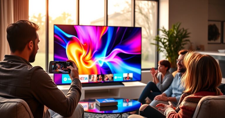 A sleek Philips Smart TV displayed in a modern living room, vibrant colors illuminating the screen as a user casts content from a smartphone. Warm light filters through large windows, reflecting on stylish furniture, while family members gather around, engaged and excited. The atmosphere is inviting, showcasing technology seamlessly integrated into daily life.