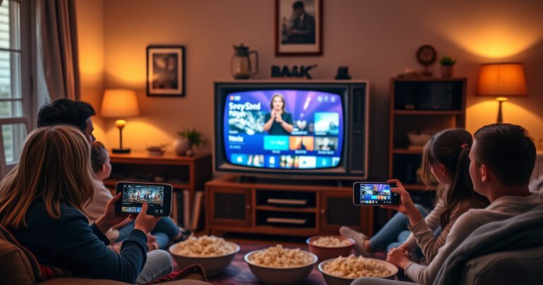 A cozy living room with a vintage television set displaying a vibrant streaming interface, surrounded by a family enjoying movie night. Soft, warm lighting illuminates the space, with popcorn bowls and blankets scattered around. A smartphone is casting content wirelessly, showcasing modern technology blending with a classic setup, evoking a sense of togetherness and nostalgia.