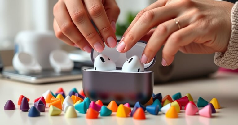 A close-up view of hands expertly changing silicone earbud tips on a sleek AirPods Pro case, surrounded by a vibrant array of colorful ear tips. The background features a soft, blurred workspace with tech gadgets and a cozy atmosphere, highlighting the ease and precision of personalizing audio experiences.