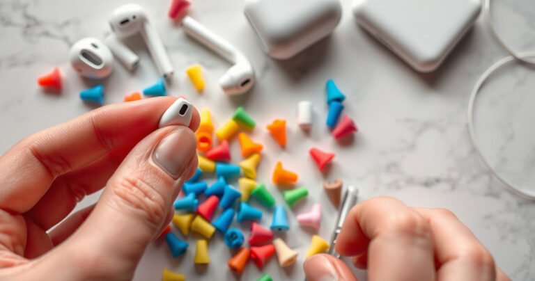 A close-up of colorful earbud tips scattered on a sleek marble surface, with a pair of pristine AirPods nearby. Soft, diffused lighting highlights the texture of the silicone tips, creating an inviting and informative atmosphere. A pair of hands gently holds one earbud, demonstrating the removal of a tip, surrounded by minimalist tools for easy replacement.