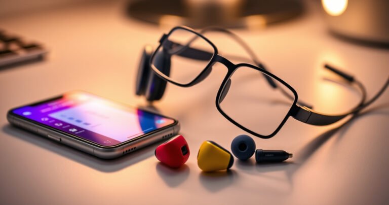 A close-up of colorful JLab earbuds resting on a sleek, modern desk, surrounded by a smartphone displaying the JLab app interface with vibrant settings options, soft ambient lighting casting a warm glow, and headphones tangled playfully with a pair of stylish reading glasses, evoking a sense of tech-savvy creativity and personalization in audio experience.