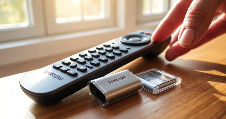A close-up of a Samsung Smart TV remote resting on a wooden table, with a bright, freshly opened battery pack beside it. Sunlight streams in through a nearby window, casting a warm glow, while a hand reaches toward the remote, emphasizing the step-by-step nature of the battery replacement process.