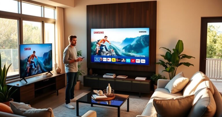 A sleek modern living room featuring a Samsung Smart TV displaying vibrant streaming content. A user, casually dressed, stands nearby with a remote in hand, displaying a focused expression. The room is bathed in warm lighting, with cozy furniture, houseplants, and a window revealing a sunny outdoor view, inviting a sense of comfort and technology.