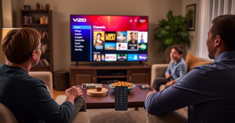 A cozy living room scene featuring a sleek Vizio Smart TV displaying vibrant channel options, with a remote control in hand, surrounded by plush furniture and soft lighting. An inviting atmosphere with snacks on a coffee table, and a family gathered around, eagerly preparing to explore their favorite shows and channels.