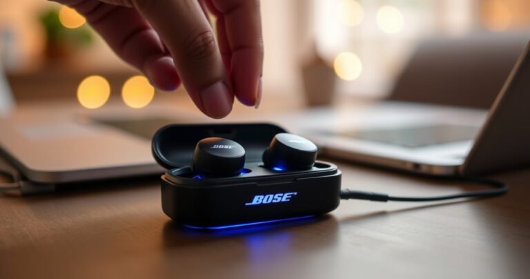 A close-up of sleek Bose earbuds resting on a stylish charging case, glowing softly with a gentle blue light. The background features a cozy, modern workspace with a laptop and warm ambient lighting, emphasizing a tech-savvy lifestyle. A hint of a hand reaching for the earbuds adds a dynamic touch, inviting readers to engage with the guide.
