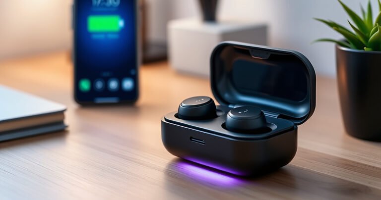 A close-up of sleek, modern Heyday wireless earbuds nestled in a stylish charging case, surrounded by a soft glow of ambient light. The background features a minimalist workspace with a wooden desk, a smartphone displaying a low battery icon, and a gentle hint of greenery, symbolizing the blend of technology and everyday life.