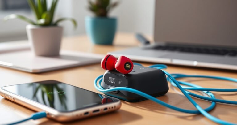 A close-up of vibrant JBL earbuds resting on a stylish charging dock, surrounded by colorful electric blue cables, illuminated by soft natural light. Nearby, an open smartphone displays a charging status screen, with a minimalist workspace background featuring a potted plant and a sleek laptop, creating a modern tech atmosphere.