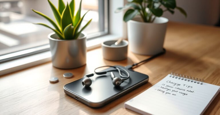 A modern, minimalist workspace featuring a sleek wireless charging pad with stylish earbuds resting on it, soft natural light streaming through a nearby window, a vibrant potted plant in the background, and a notepad with handwritten charging tips beside it, creating an inviting and organized atmosphere that emphasizes tech elegance and functionality.