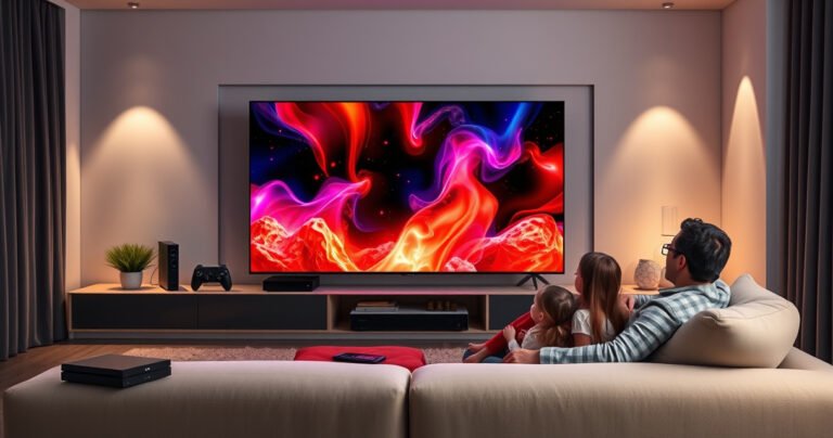 A sleek modern living room with a large, high-tech smart TV displaying vibrant colors. Surrounding the TV are various gadgets like a streaming device, gaming console, and remote control. Soft ambient lighting creates a cozy atmosphere, while a family enjoys a movie night on a plush sofa, illustrating the ultimate entertainment experience.