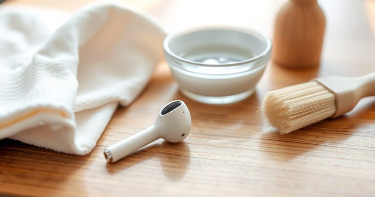 A close-up view of a pair of pristine white Apple earphones resting on a wooden table, surrounded by gentle, natural light. Nearby, a soft microfiber cloth, a small bowl of soapy water, and a delicate brush hint at the cleaning process, evoking a sense of freshness and care in everyday maintenance.