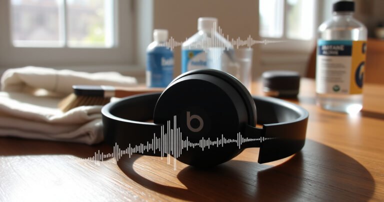 A close-up of sleek black Beats earphones resting on a wooden table, surrounded by cleaning supplies like a soft cloth, brush, and isopropyl alcohol. Bright sunlight streams through a nearby window, illuminating the earphones, highlighting their glossy finish, while a faint sound wave graphic subtly overlays the background, symbolizing enhanced audio clarity.