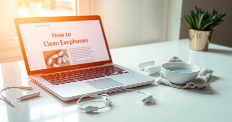 A bright, clean workspace featuring an open laptop with a blog article titled "How to Clean Earphones" displayed. Nearby, a pair of shiny, freshly cleaned earphones sits next to cotton swabs, a small bowl of soapy water, and a soft cloth, all illuminated by warm natural light, evoking a sense of freshness and clarity.