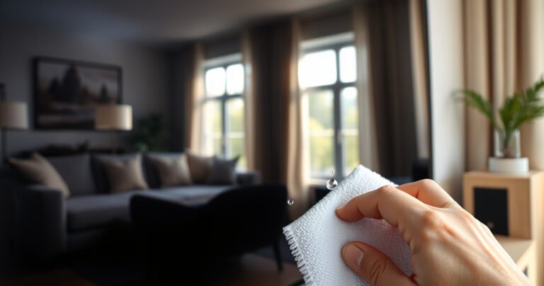 A close-up of a gleaming smart TV screen reflecting a cozy living room, sunlight streaming through a window, a soft microfiber cloth resting beside the screen, droplets of gentle cleaning solution glistening, and a hand poised to clean, embodying a sense of care and clarity in home entertainment.
