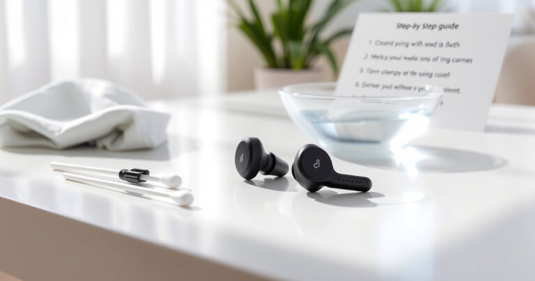 A bright, inviting workspace featuring a pair of Raycon earbuds resting on a sparkling clean table, surrounded by gentle cleaning supplies like microfiber cloth, cotton swabs, and a small bowl of soapy water, soft sunlight streaming in, highlighting the earbuds' sleek design and a step-by-step guide elegantly displayed in the background.