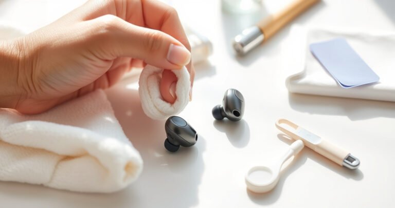 A close-up view of sleek Samsung earphones resting on a pristine white surface, surrounded by soft cloths and gentle cleaning tools. Bright, natural light illuminates the scene, highlighting the earphones’ glossy finish, while a hand carefully wipes them, conveying a sense of care and maintenance. A subtle hint of clean sound waves emanates from the background.