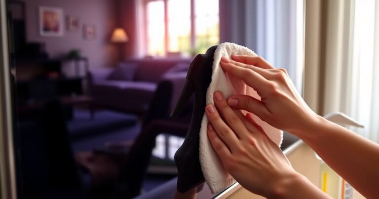 A close-up view of a gleaming Samsung Smart TV screen, reflecting a vibrant living room with soft, natural light. A hand gently wipes the screen with a microfiber cloth, surrounded by cleaning supplies like a spray bottle and soft towels, creating a sense of care and attention to detail in maintaining technology.