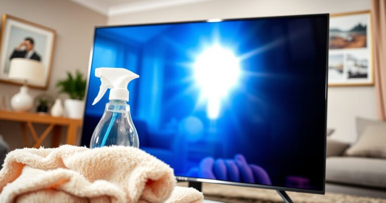 A close-up of a glistening Samsung Smart TV screen, reflecting a gentle ray of sunlight, surrounded by soft, fluffy microfiber cloths and a gentle spray bottle filled with cleaning solution. In the background, a cozy living room with modern decor, emphasizing a clean and inviting atmosphere, perfect for showcasing effective cleaning techniques.