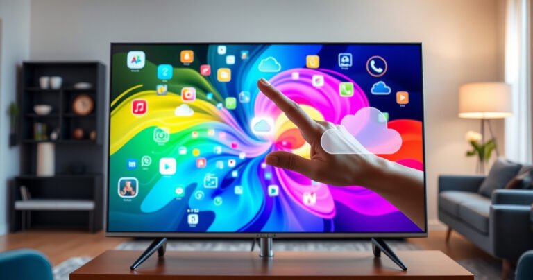 A sleek Samsung Smart TV displaying a colorful, swirling digital landscape of vibrant app icons and cloud symbols, with a transparent overlay of a hand gently swiping across the screen. In the background, a cozy living room setting with soft lighting and modern decor, emphasizing a tech-savvy lifestyle while suggesting simplicity in clearing cache.