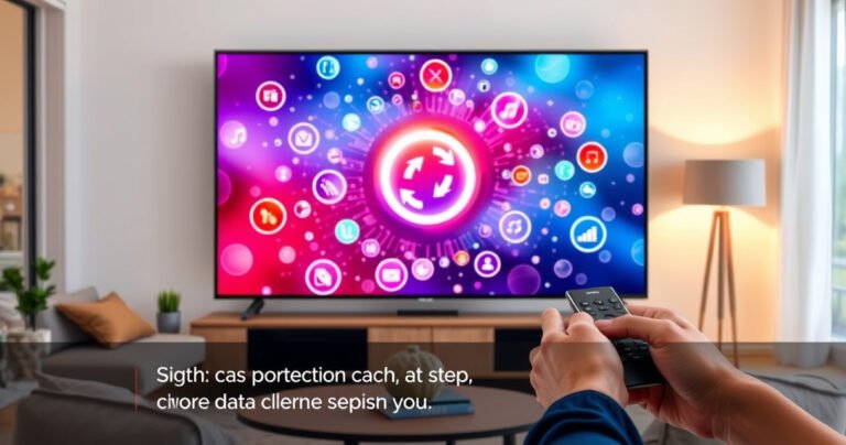 A sleek Samsung Smart TV displayed in a modern living room, vibrant digital icons swirling around it, representing cached data, with a glowing refresh symbol at the center. Soft ambient lighting highlights the contemporary furniture and a cozy atmosphere, while a user gently taps the TV remote, illustrating the step-by-step process of clearing cache.