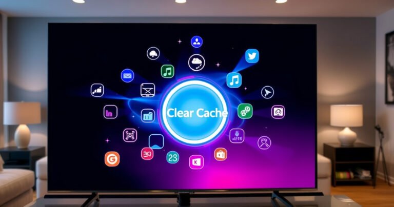 A close-up of a sleek Samsung Smart TV screen displaying a vibrant, animated cache-clearing interface. Bright icons of apps and settings swirl around as a glowing "Clear Cache" button pulsates in the center. The background is a modern living room with soft, ambient lighting, emphasizing a blend of technology and comfort.