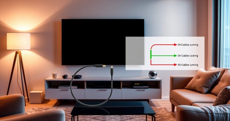 An inviting living room scene featuring a sleek smart TV displayed prominently, with an AV cable gracefully draped between it and a modern media console. Soft ambient lighting enhances the warm, cozy atmosphere, while a step-by-step diagram gently overlays the image, illustrating the connection process with colorful arrows and labels.