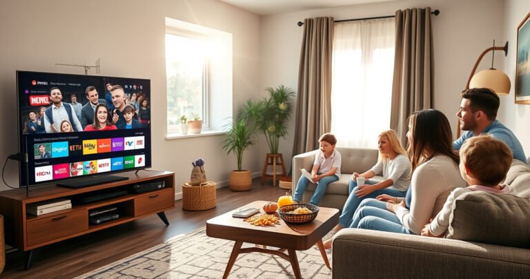 A cozy living room scene with a sleek smart TV displaying vibrant channels, an antenna perched on a stylish shelf, and a family eagerly connecting cables. Sunlight streams through a window, illuminating a plush sofa and a coffee table with snacks, creating a warm, inviting atmosphere that highlights the joys of modern entertainment.