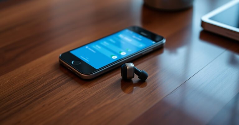 A sleek pair of Aukey Bluetooth earbuds rests on a polished wooden table, surrounded by a glowing iPhone displaying its Bluetooth settings. Soft ambient light highlights their modern design, while a subtle hint of a tech-savvy atmosphere envelops the scene, inviting readers to discover the effortless connection between the earbuds and the iPhone.