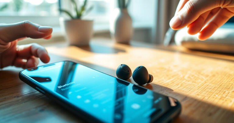 A close-up of sleek Baseus earbuds resting on a wooden table, surrounded by a smartphone displaying a Bluetooth settings screen. Gentle morning light filters through a nearby window, illuminating the earbuds' modern design. A hand reaches towards the phone, ready to tap, with a cozy, minimalist workspace in the background, evoking simplicity and ease.