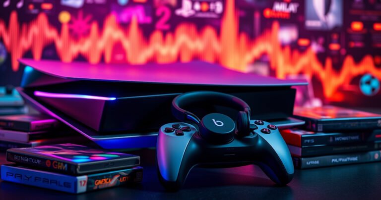 A sleek, modern gaming setup featuring a PS5 console with vibrant LED lights, a pair of stylish Beats earbuds resting on a gaming controller, surrounded by colorful game cases and a dynamic, abstract background of digital sound waves and gaming graphics, evoking a sense of excitement and tech-savvy engagement.